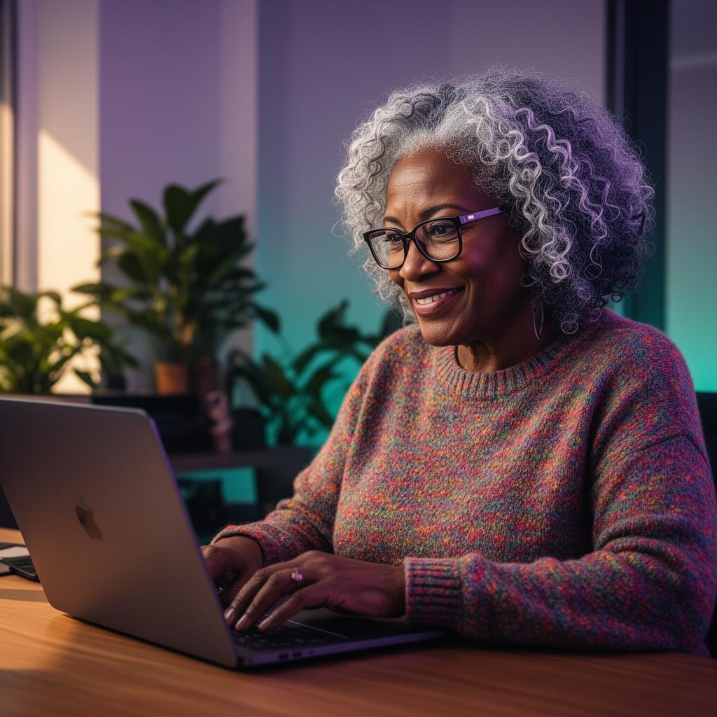 Gloria, a senior app builder, working on her laptop